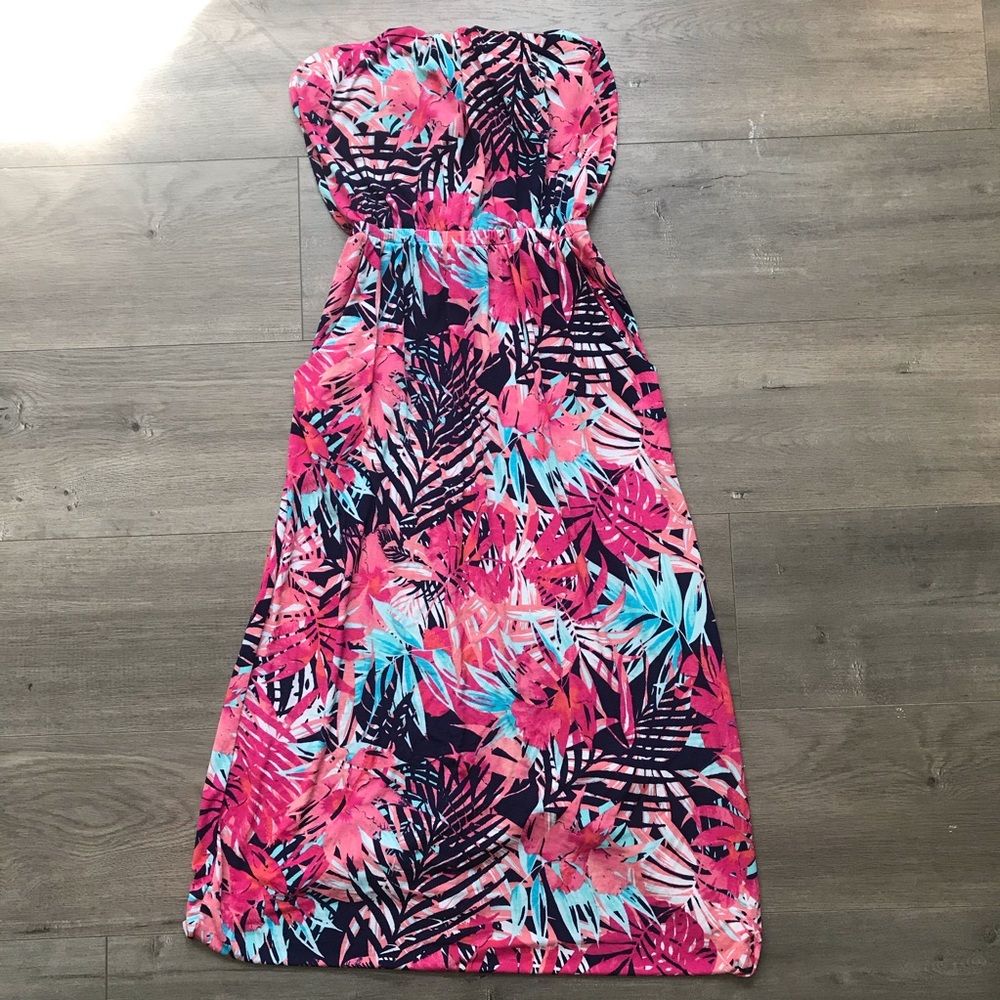 Three Pink Hearts Tropical Strapless Maxi Dress